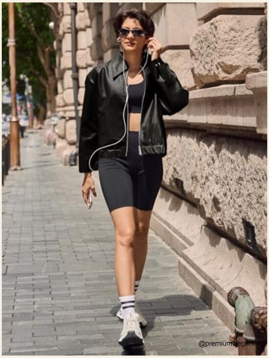 Faux Leather Bomber Jacket Cropped Zip Up Outerwear Lightweight Water Repellent - Picture 6 of 7